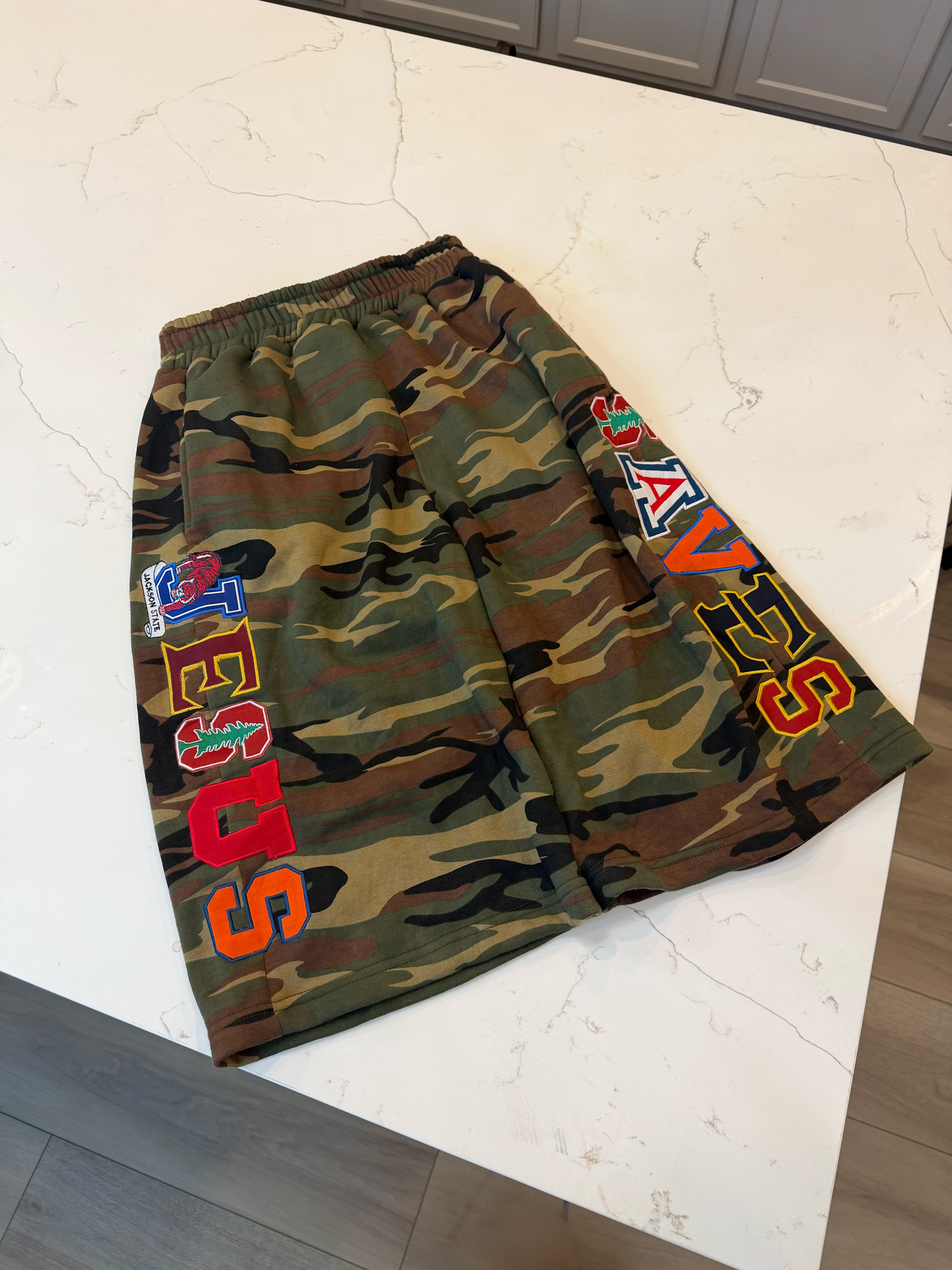 'JESUS SAVES' CAMO COLLEGE SHORTS